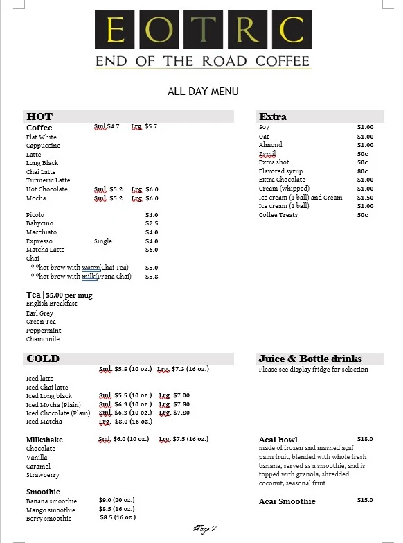 Menu, End of the Road Coffee