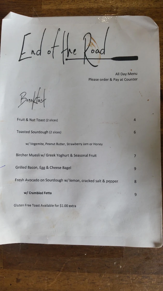 Menu, End of the Road Coffee