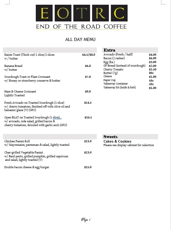 Menu, End of the Road Coffee