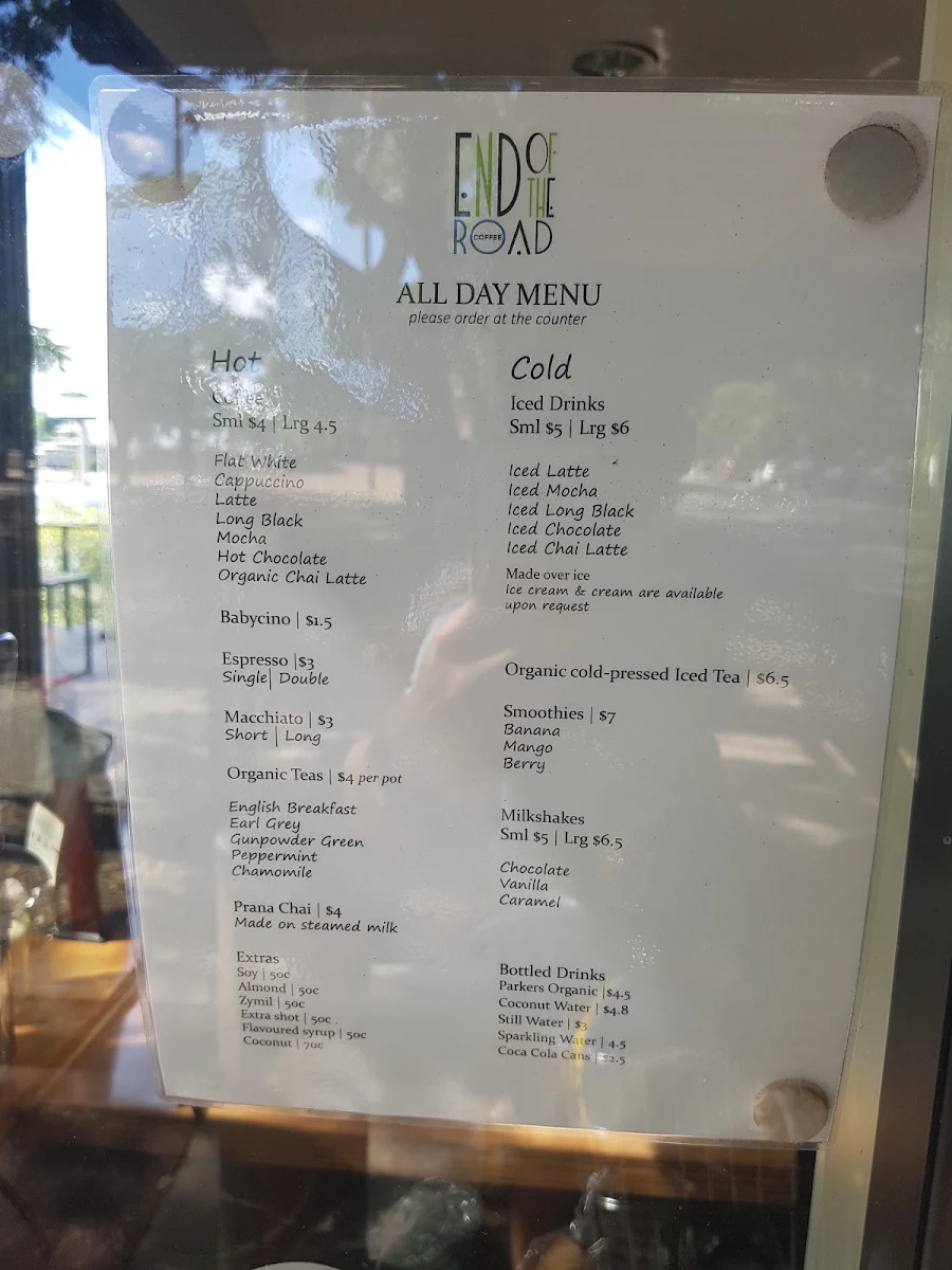 Menu, End of the Road Coffee