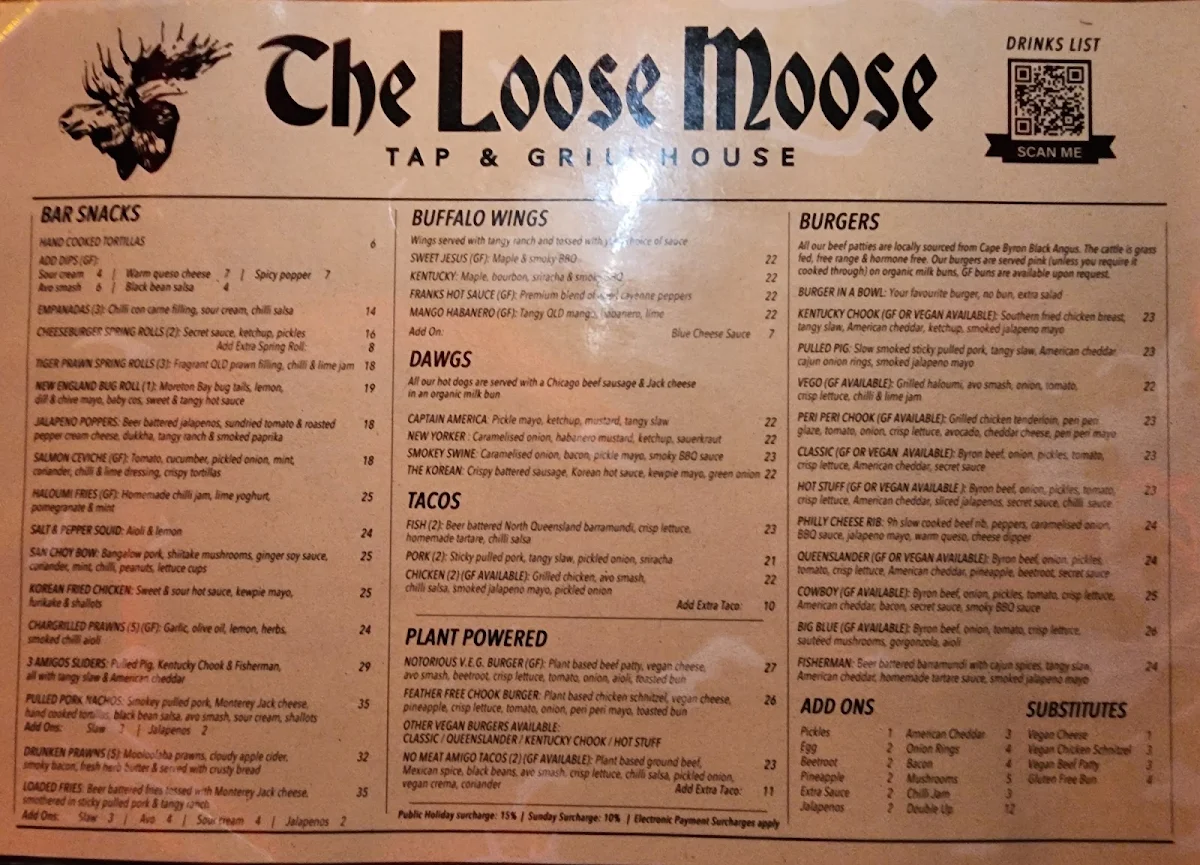 Menu, The Loose Moose