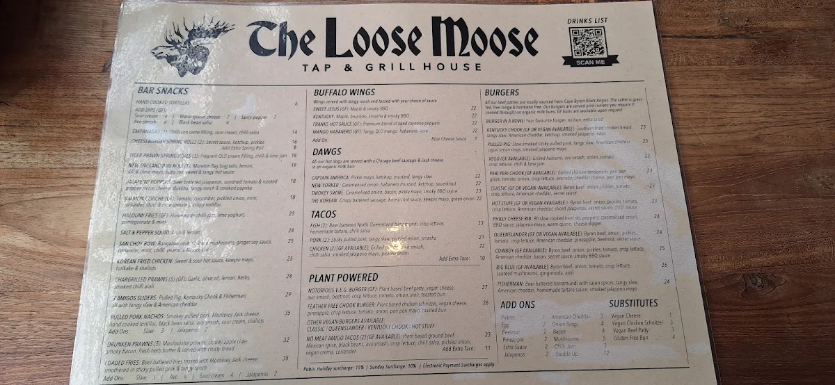 Menu, The Loose Moose