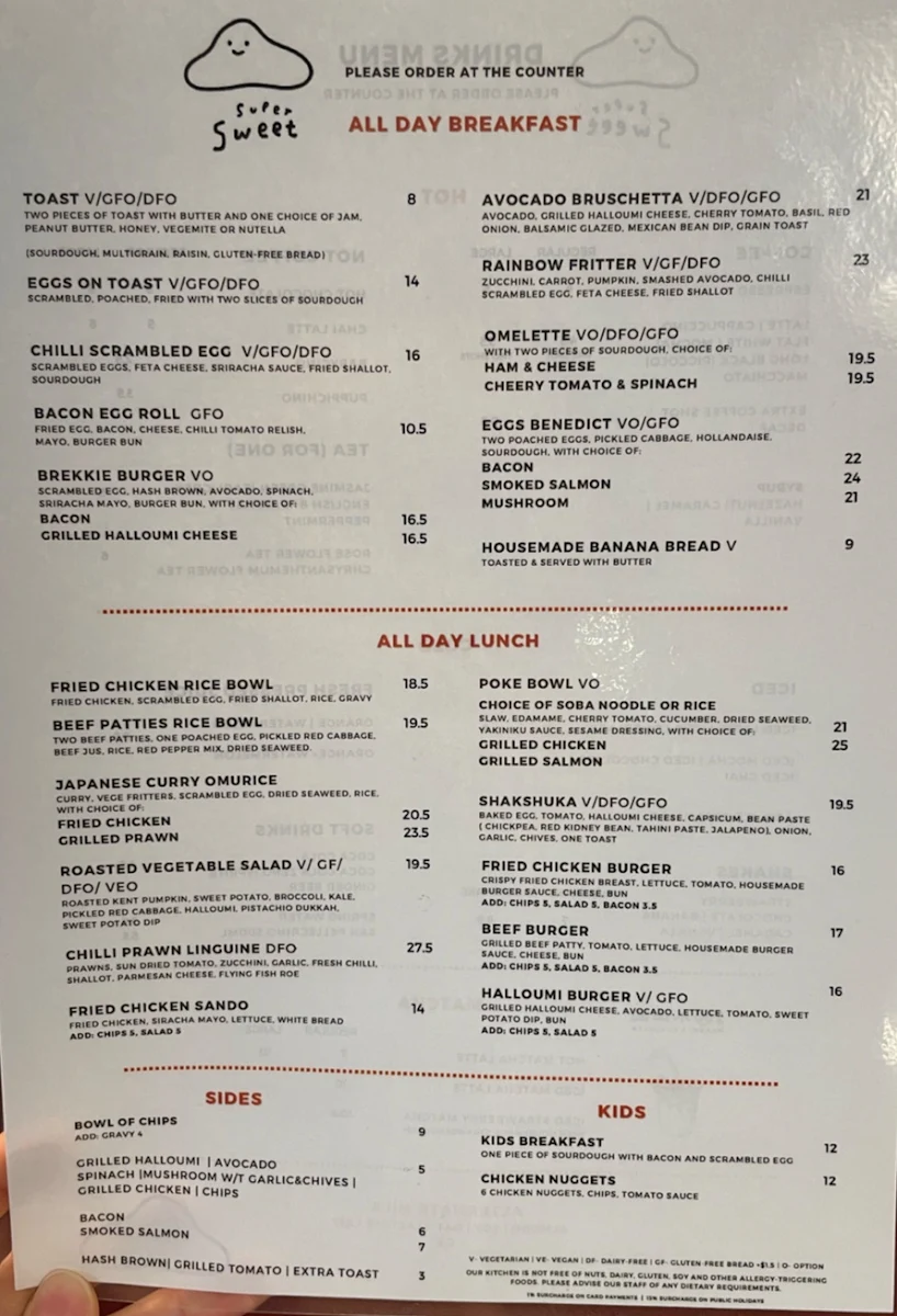 Menu, Supersweet Cafe