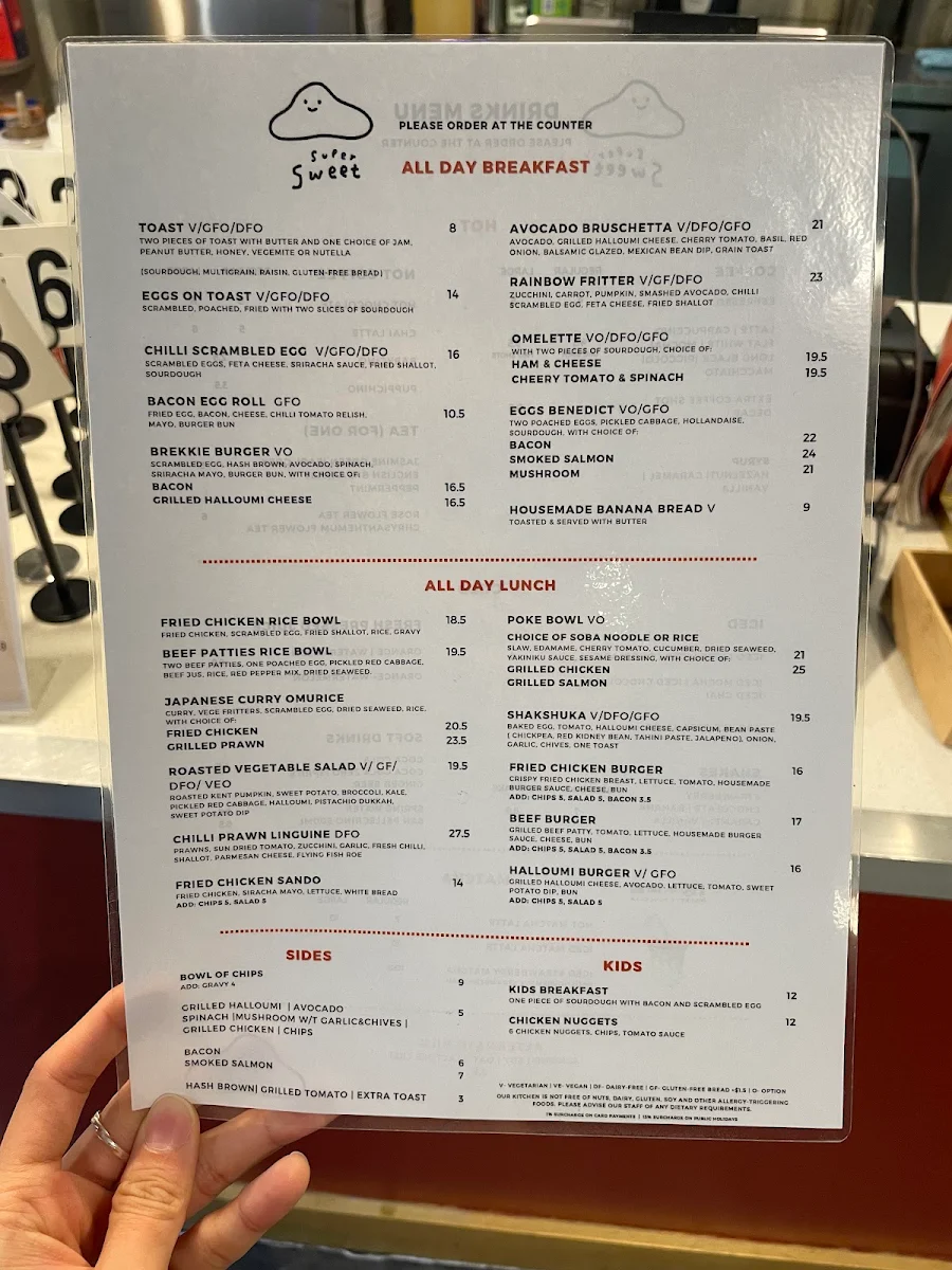 Menu, Supersweet Cafe