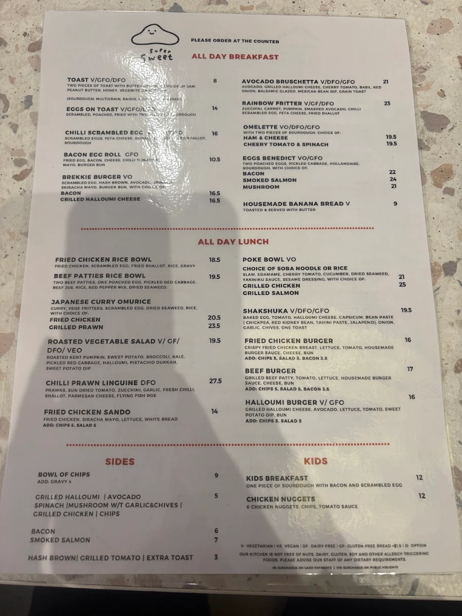 Menu, Supersweet Cafe