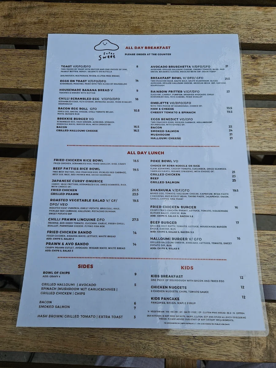 Menu, Supersweet Cafe