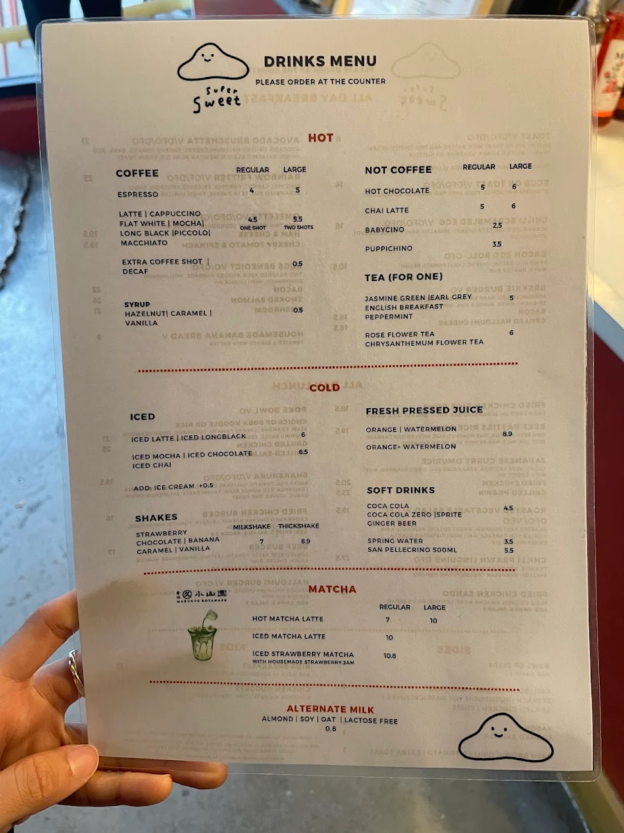 Menu, Supersweet Cafe