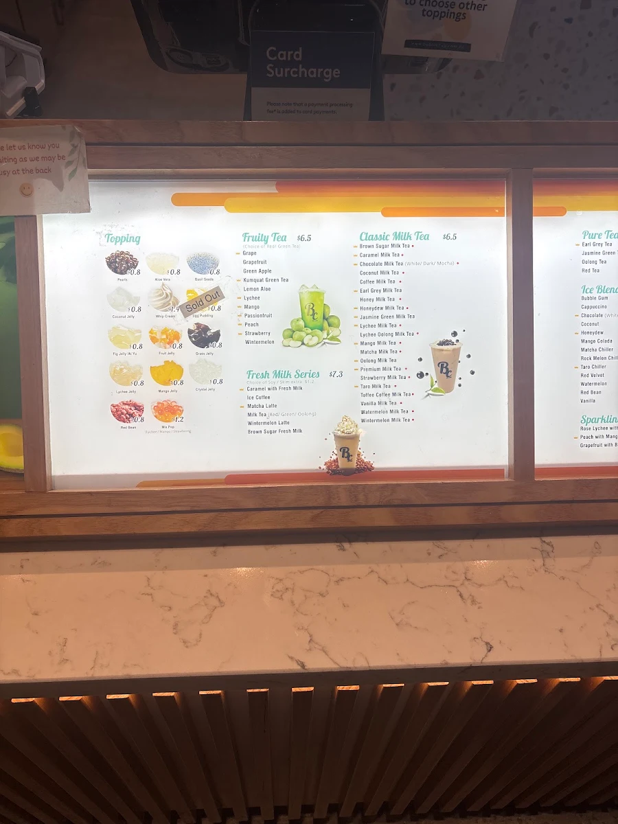 Menu, Bubble Cup QV Melbourne