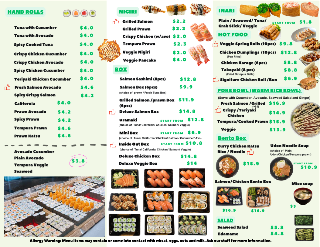 Menu, Mrs Yummy Sushi and Drinks (Halal)