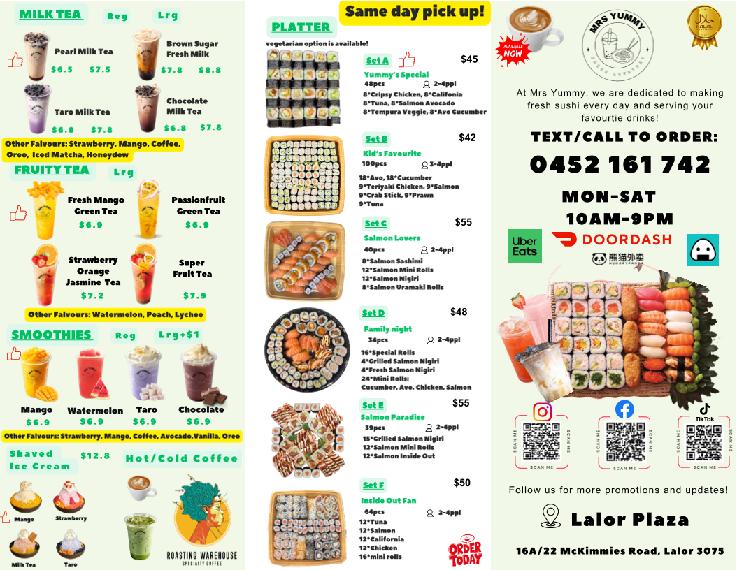 Menu, Mrs Yummy Sushi and Drinks (Halal)