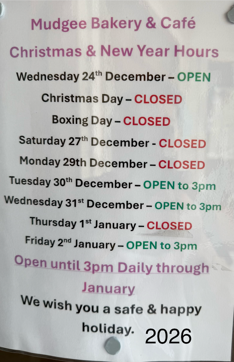 Menu, Mudgee Bakery & Cafe