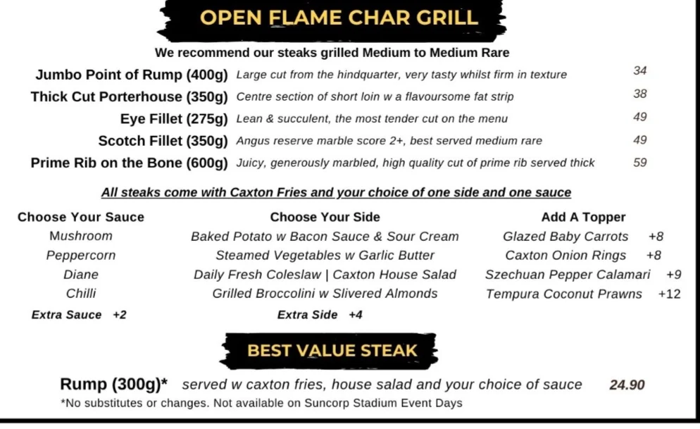 Menu, The Caxton Hotel