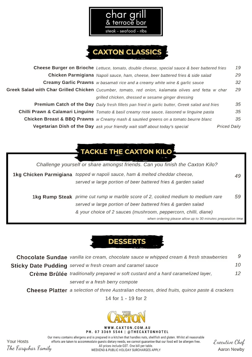 Menu, The Caxton Hotel