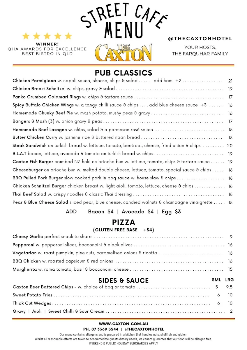 Menu, The Caxton Hotel