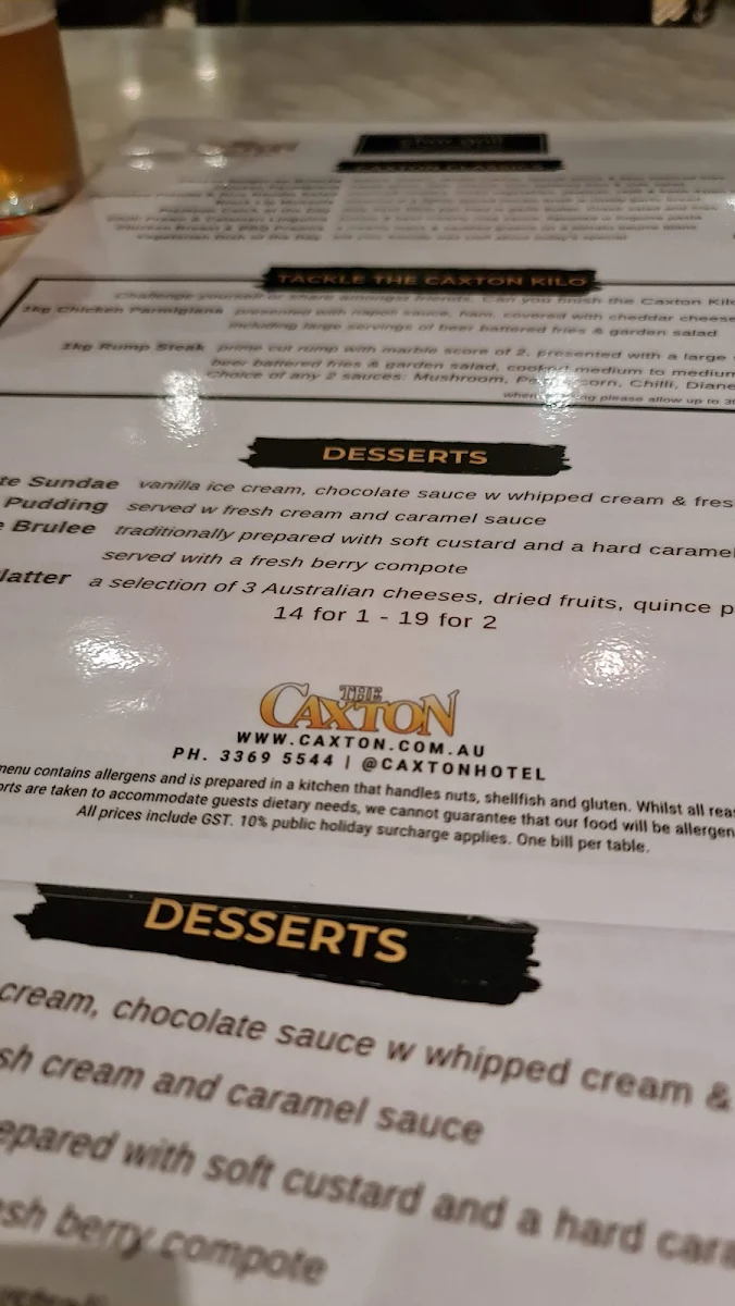Menu, The Caxton Hotel