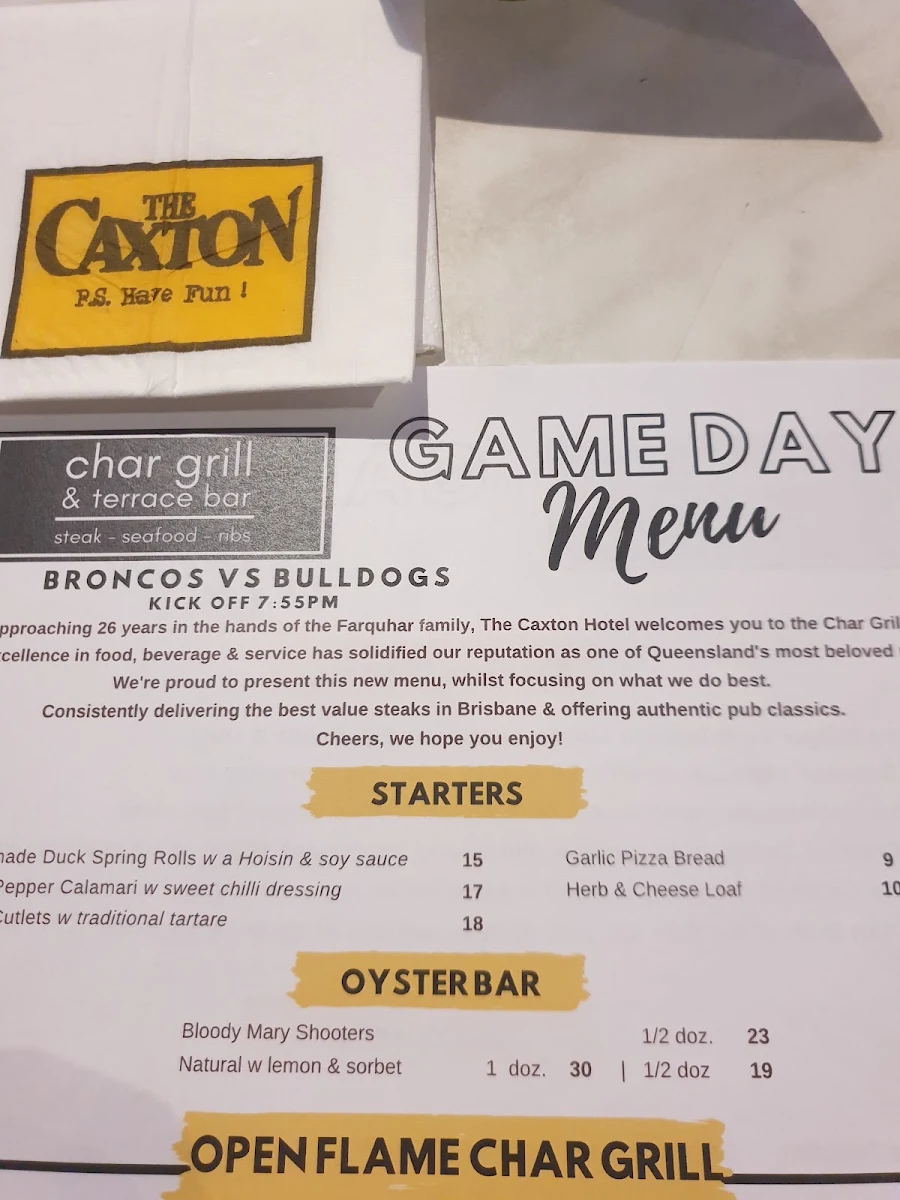 Menu, The Caxton Hotel