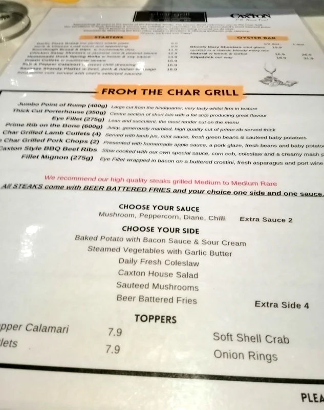 Menu, The Caxton Hotel