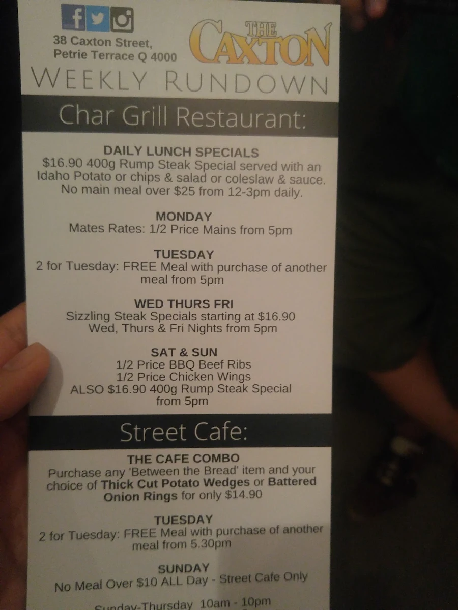 Menu, The Caxton Hotel