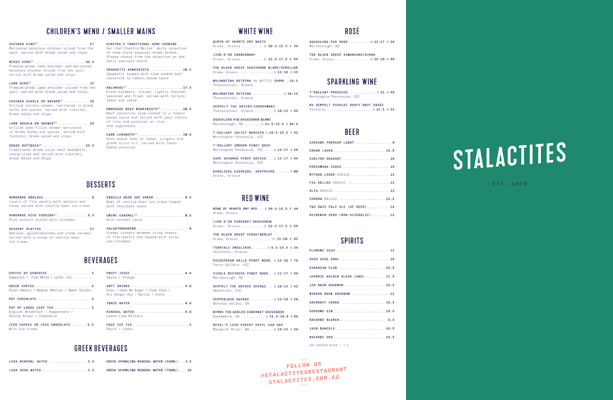 Menu, Stalactites Restaurant