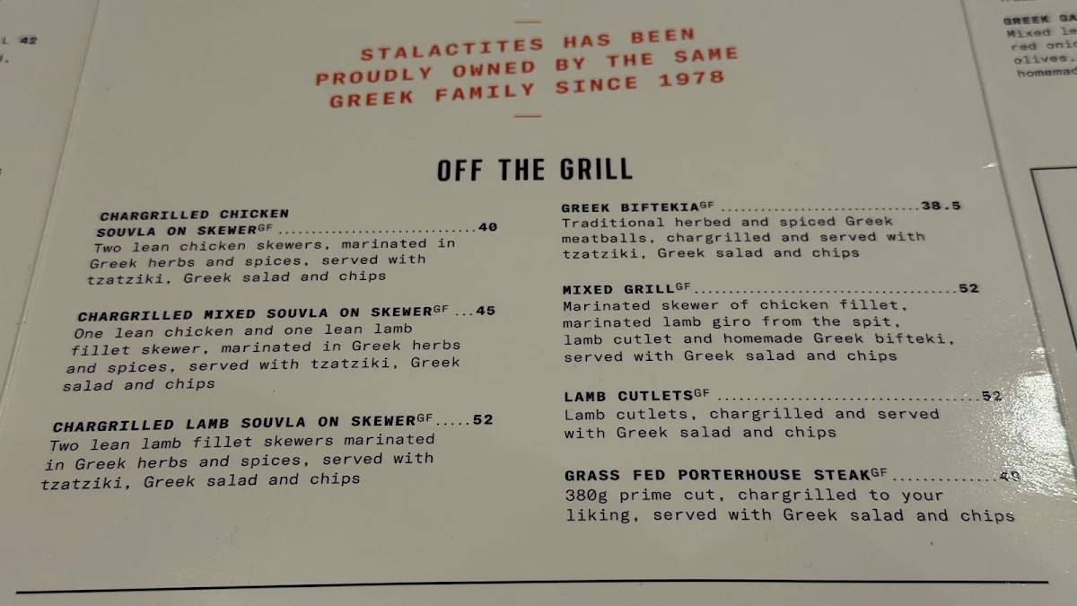 Menu, Stalactites Restaurant