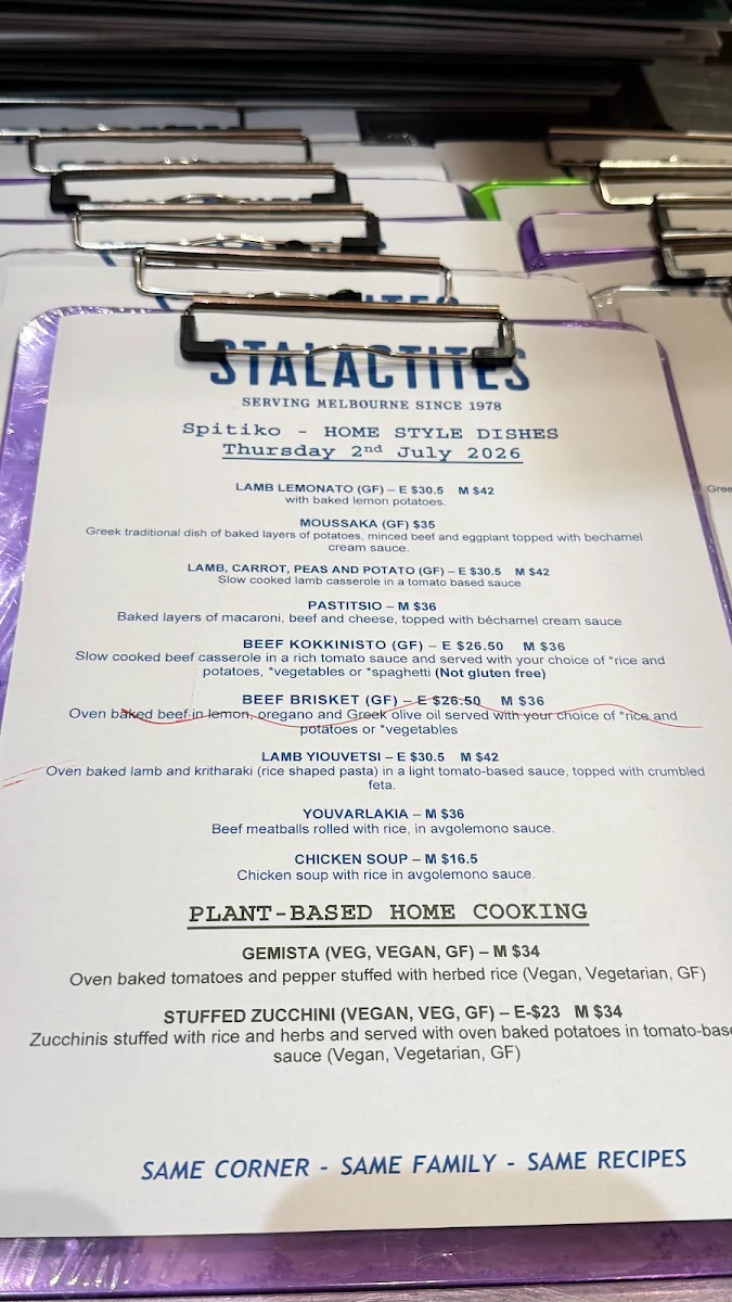 Menu, Stalactites Restaurant