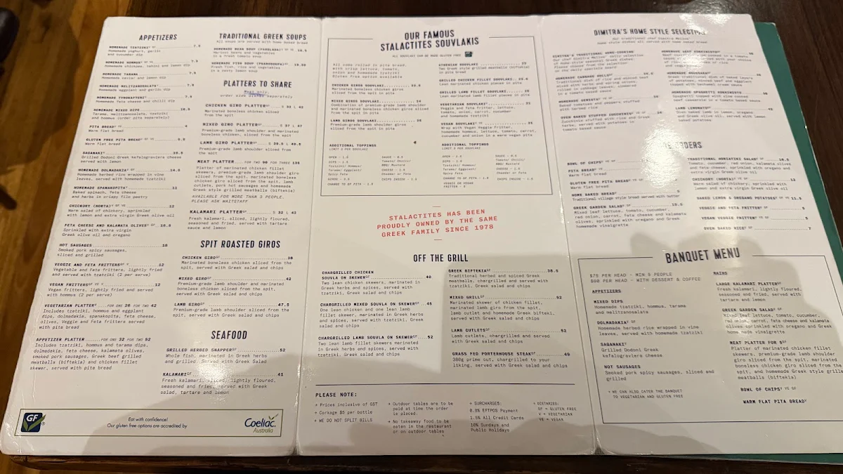 Menu, Stalactites Restaurant