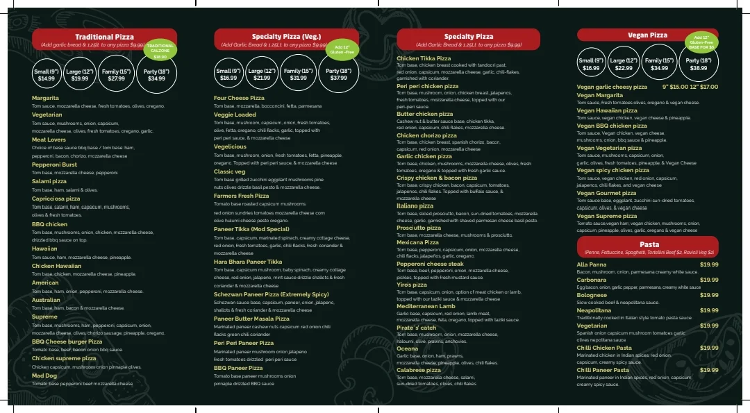 Menu, Mod Pizzeria Modbury