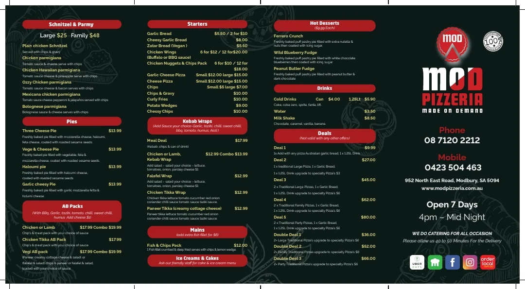 Menu, Mod Pizzeria Modbury
