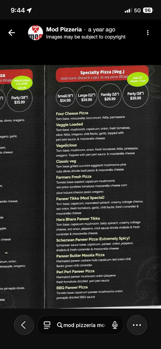 Menu, Mod Pizzeria Modbury