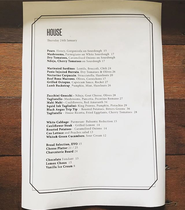 Menu, House Bar&Bistrot