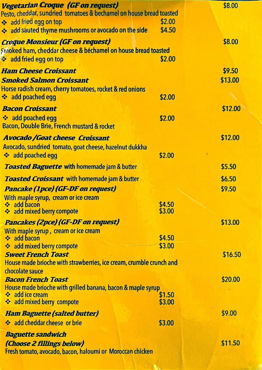 Menu, Ma Boulange Cafe