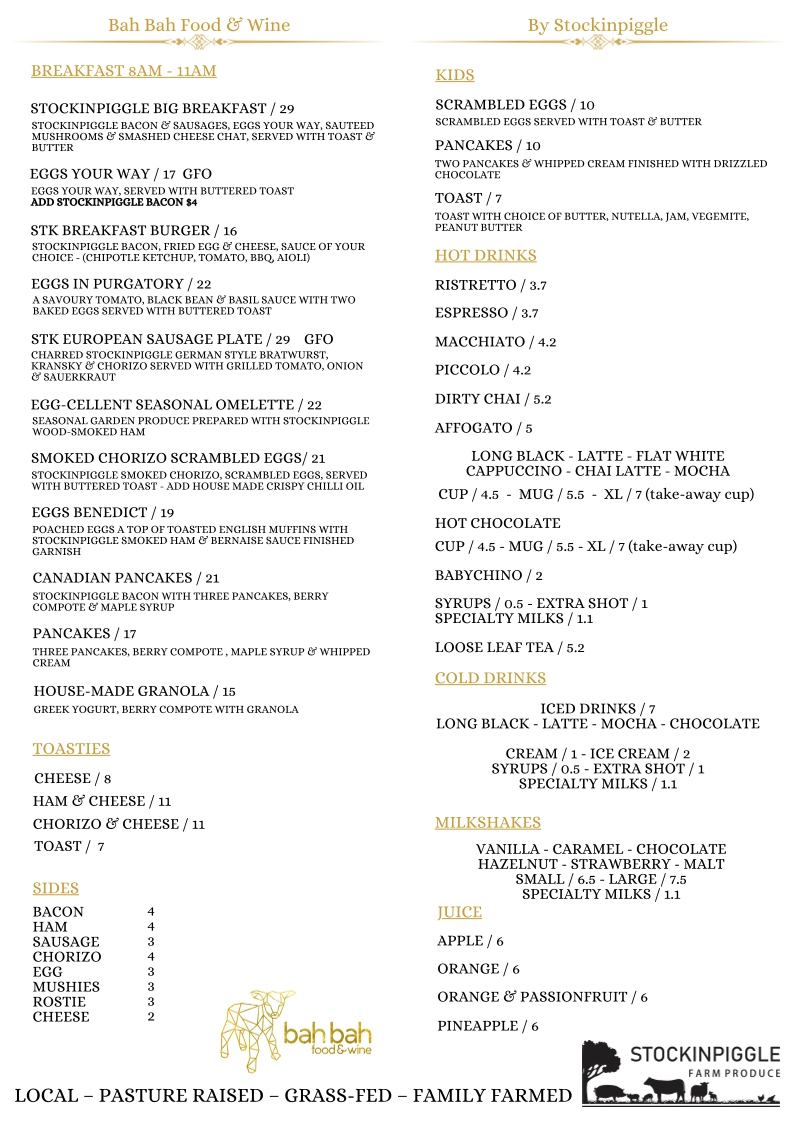 Menu, Bah Bah Food & Wine by Stockinpiggle