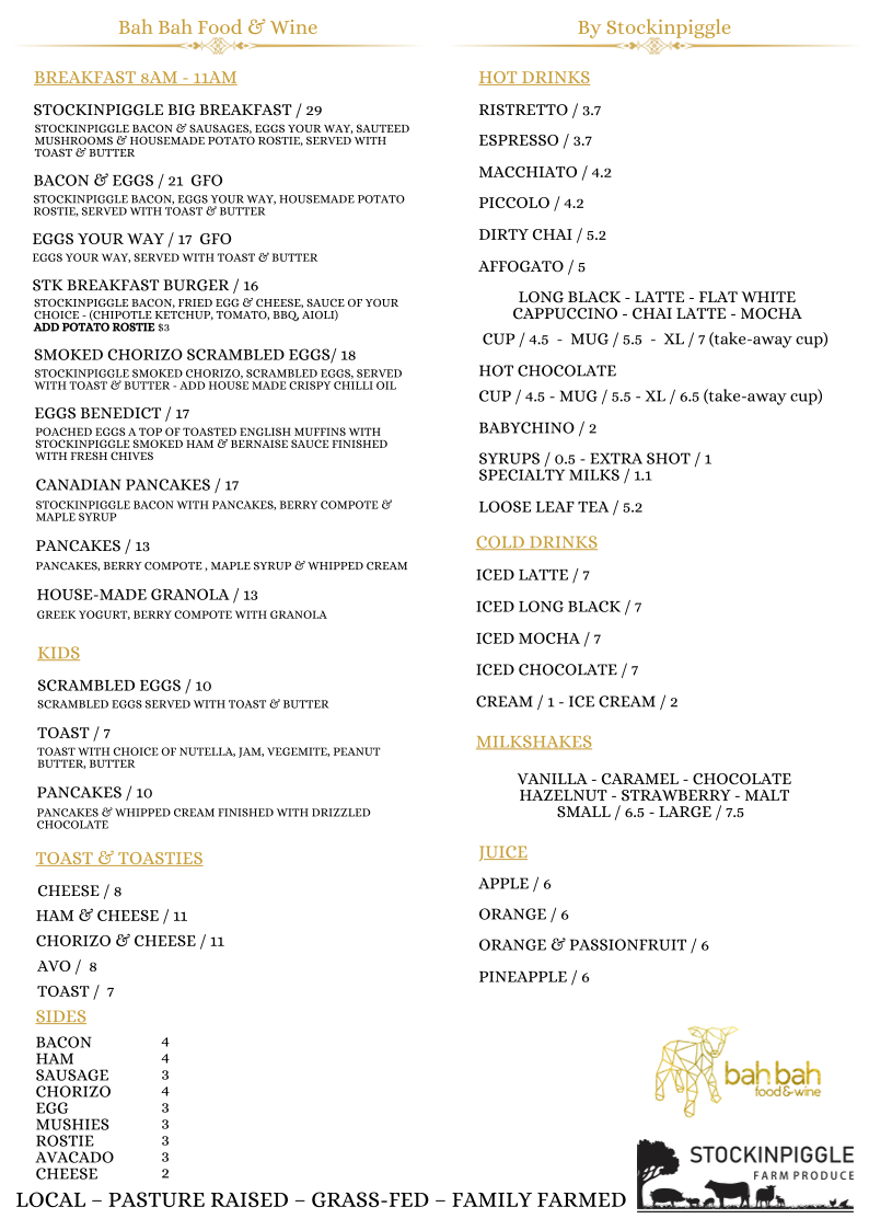 Menu, Bah Bah Food & Wine by Stockinpiggle