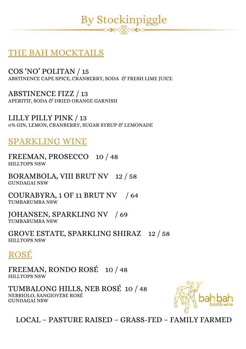 Menu, Bah Bah Food & Wine by Stockinpiggle