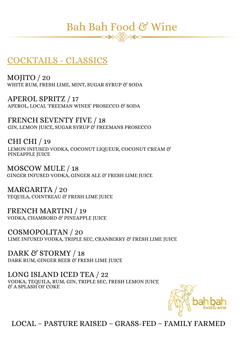 Menu, Bah Bah Food & Wine by Stockinpiggle