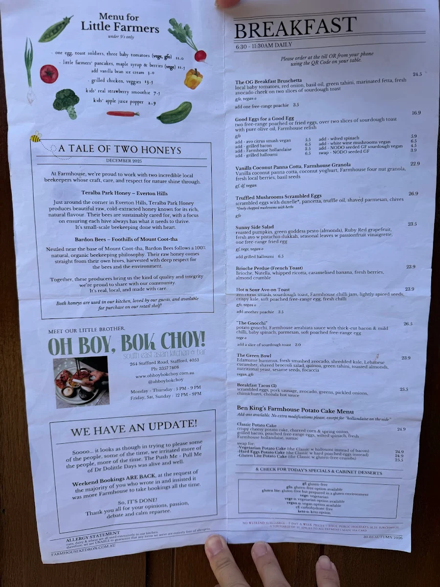Menu, Farmhouse, Kedron Cafe