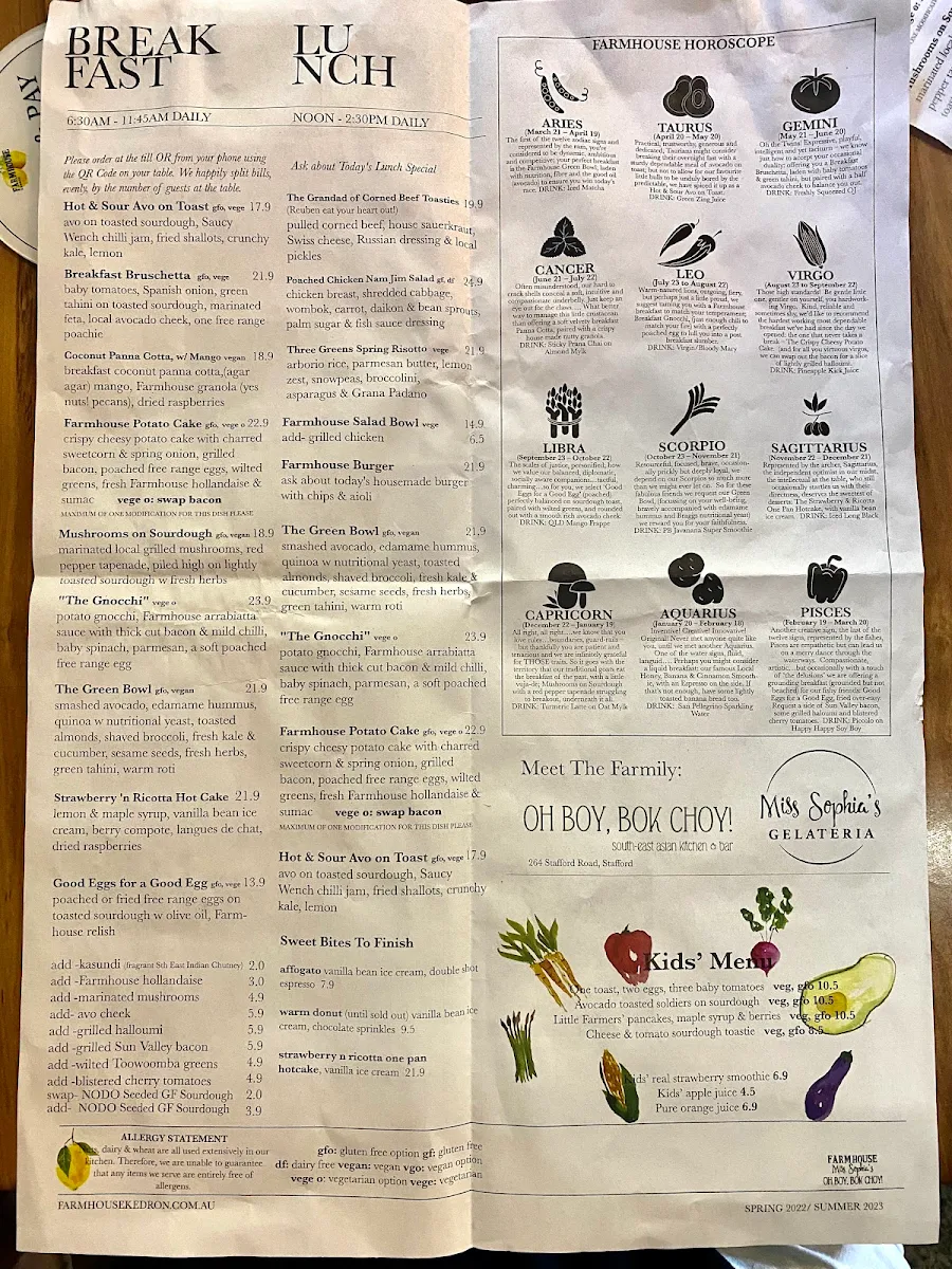 Menu, Farmhouse, Kedron Cafe