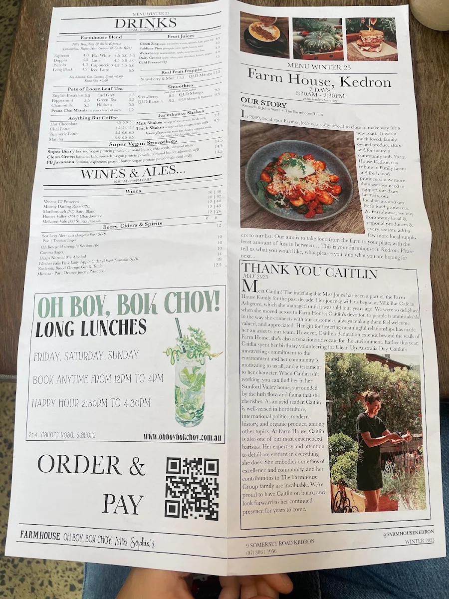 Menu, Farmhouse, Kedron Cafe