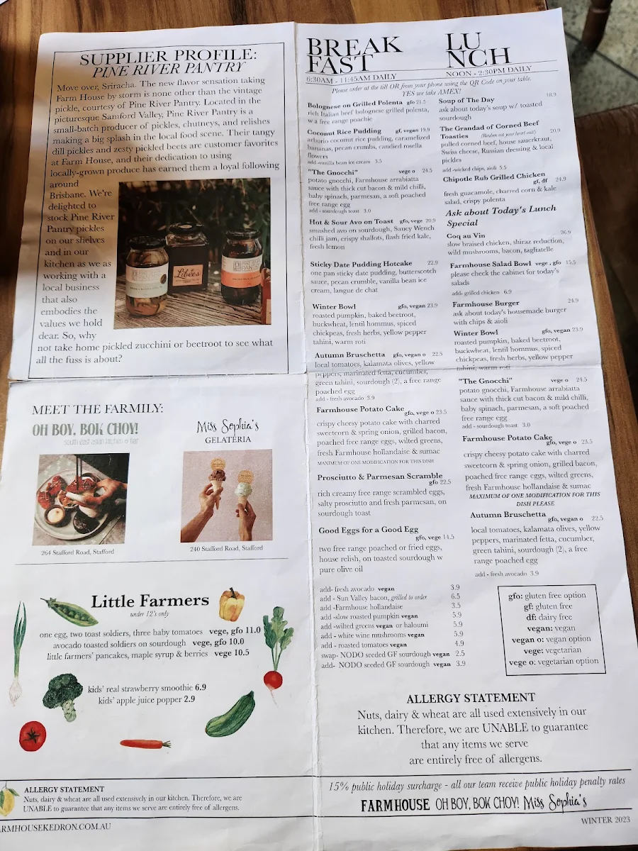 Menu, Farmhouse, Kedron Cafe