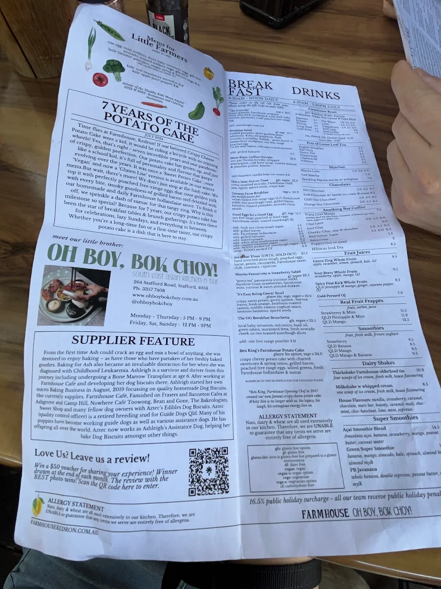 Menu, Farmhouse, Kedron Cafe