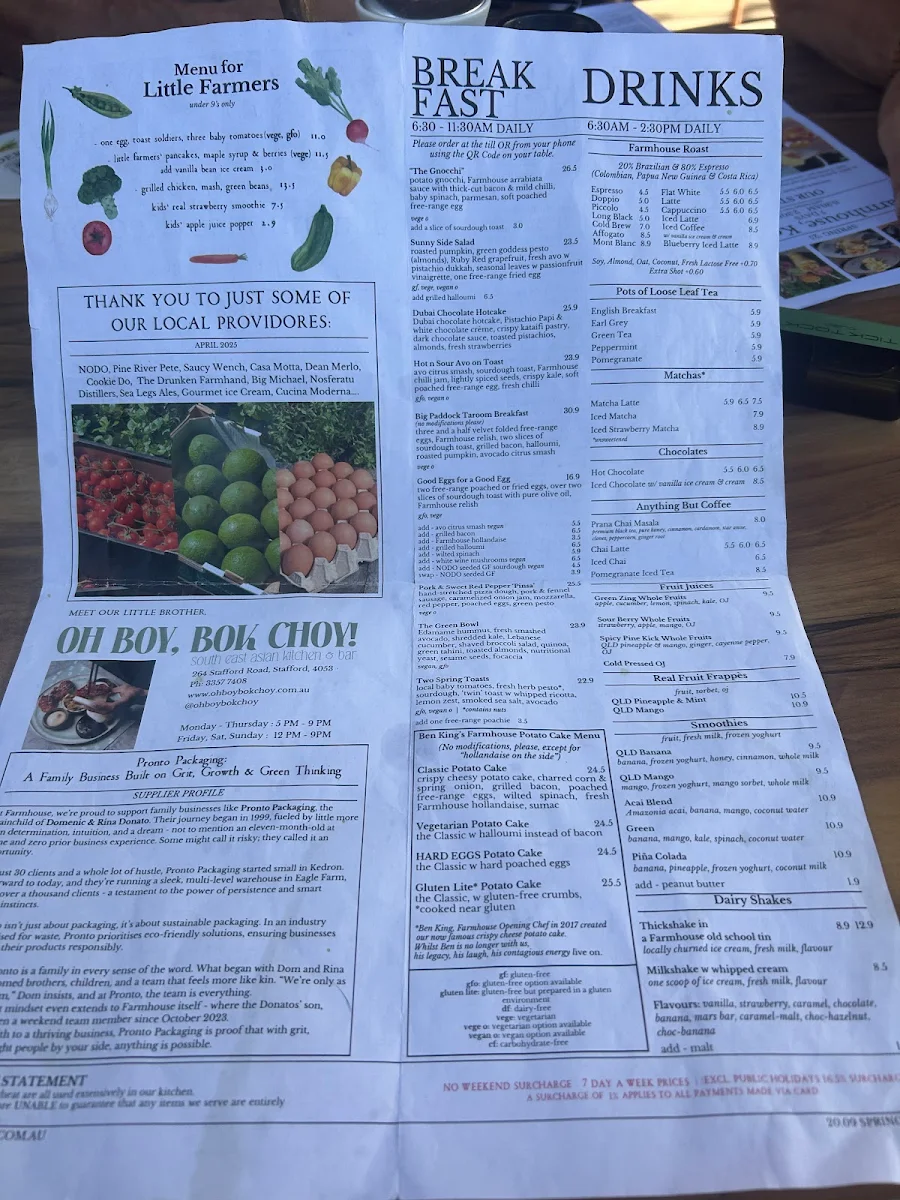 Menu, Farmhouse, Kedron Cafe