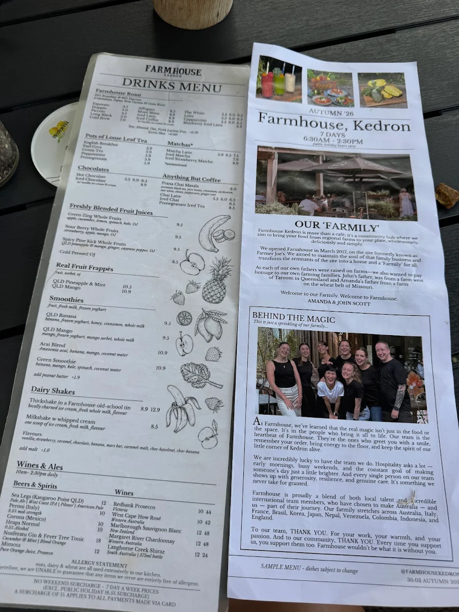 Menu, Farmhouse, Kedron Cafe