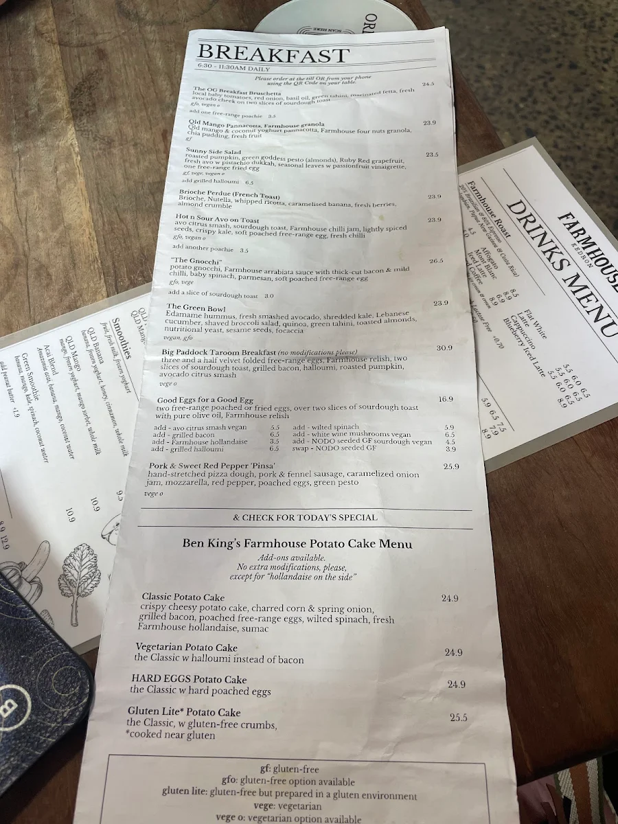 Menu, Farmhouse, Kedron Cafe