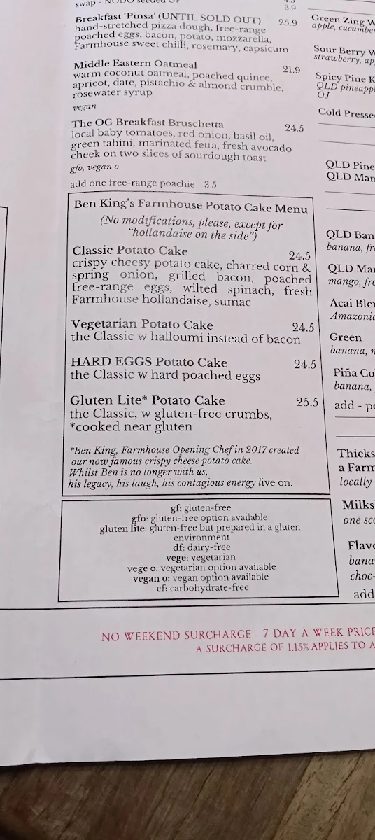 Menu, Farmhouse, Kedron Cafe
