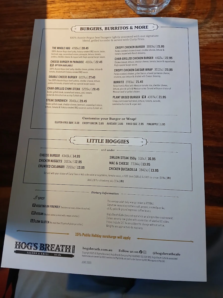 Menu, Hogs Breath Cafe Kelmscott
