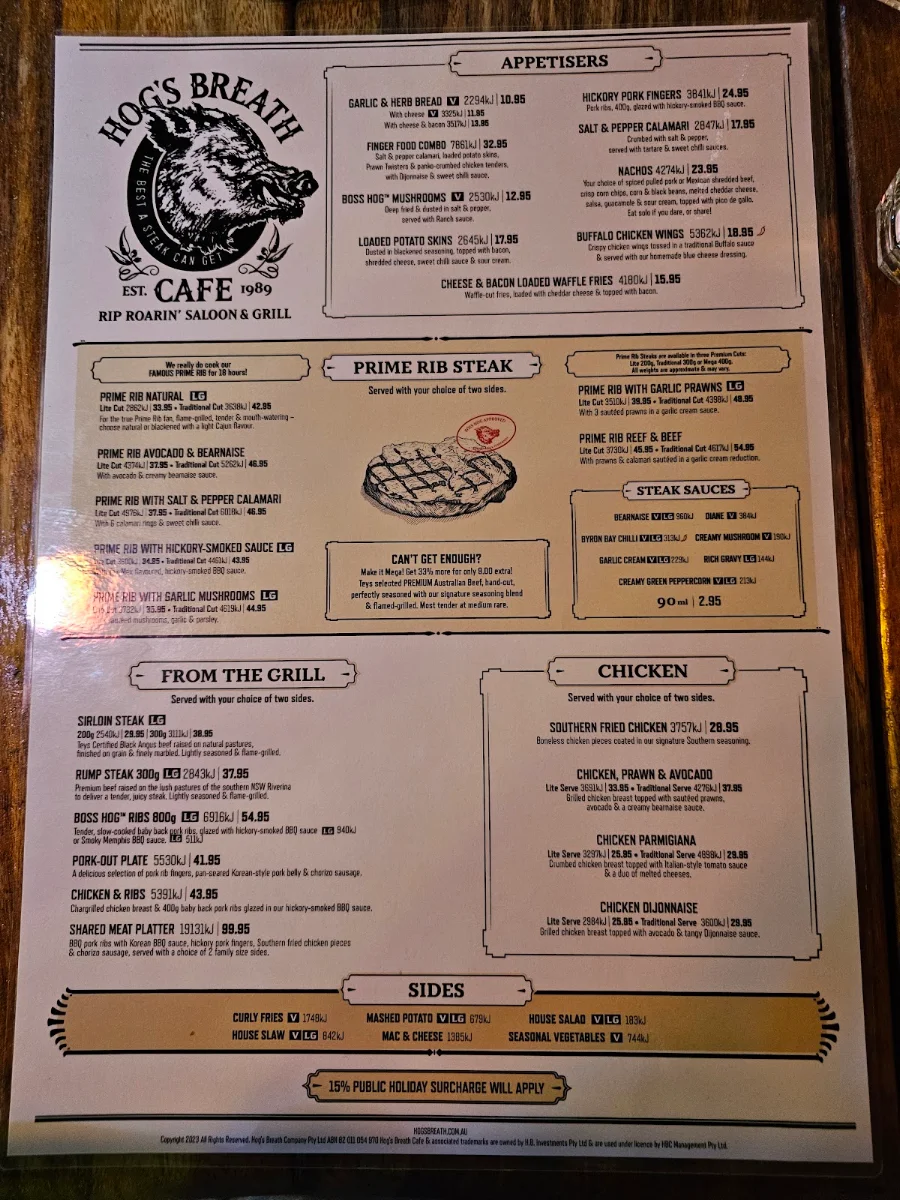 Menu, Hogs Breath Cafe Kelmscott