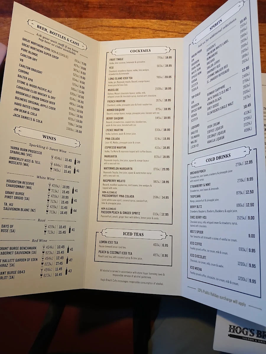 Menu, Hogs Breath Cafe Kelmscott