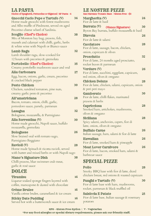 Menu, Mano's Italian Restaurant
