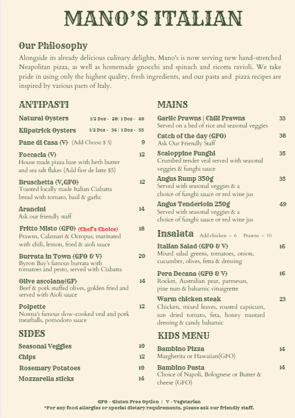 Menu, Mano's Italian Restaurant