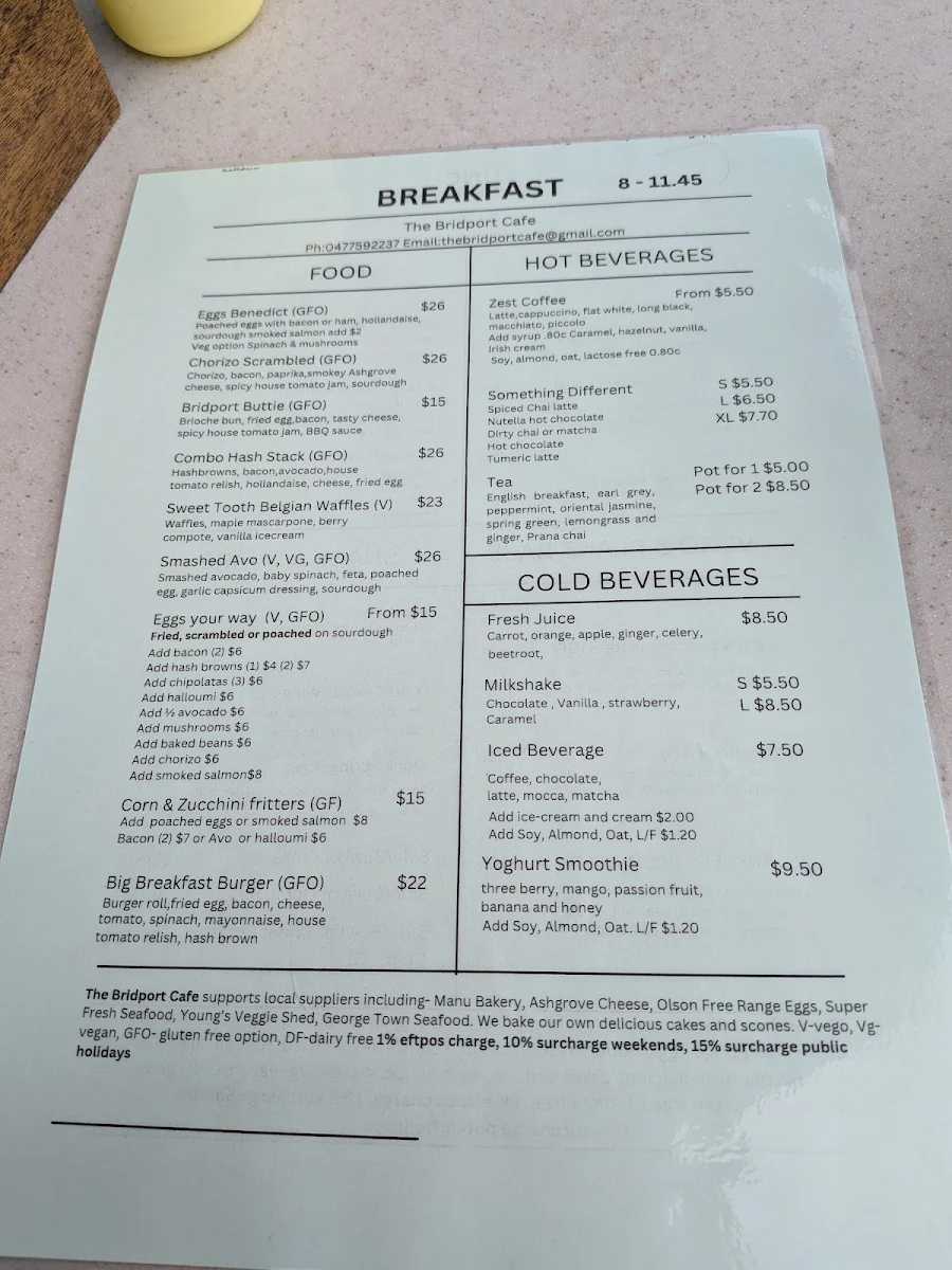Menu, The Bridport Cafe